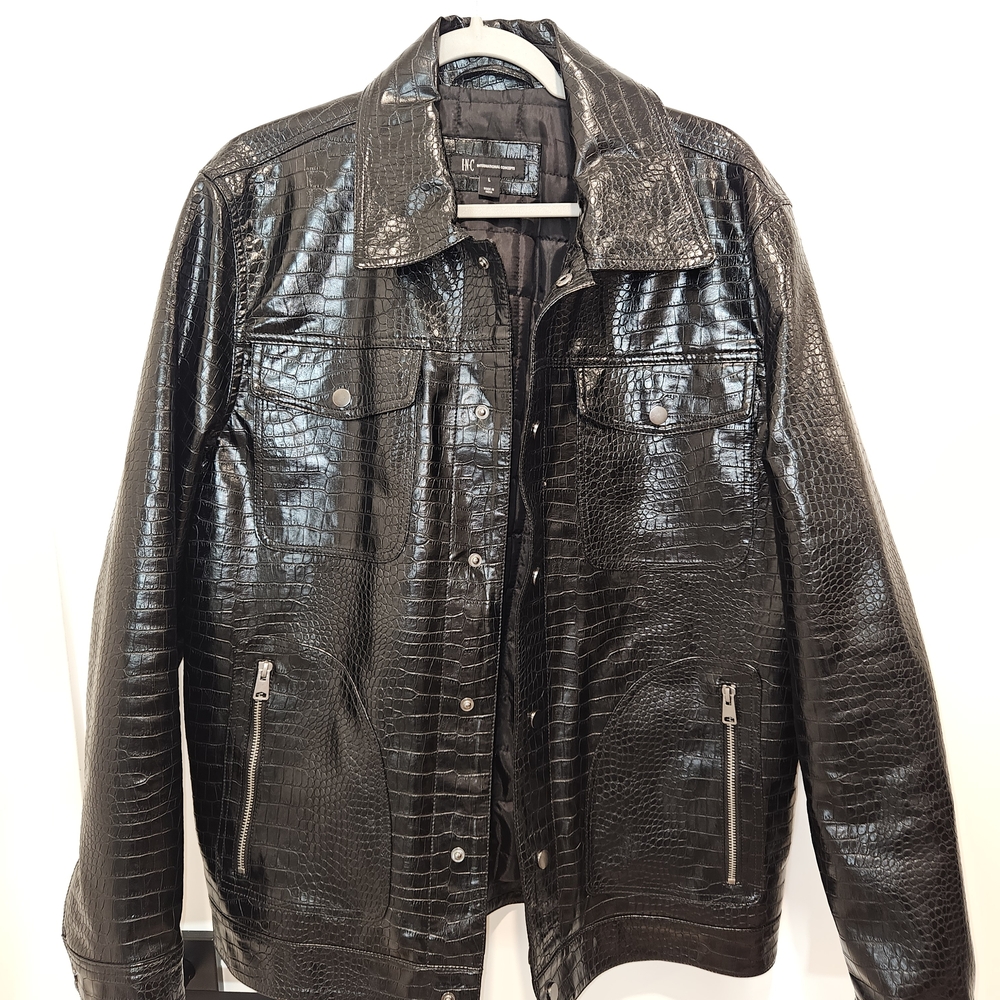 INC International Concepts Shiny Black Crocodile-Pattern Jacket